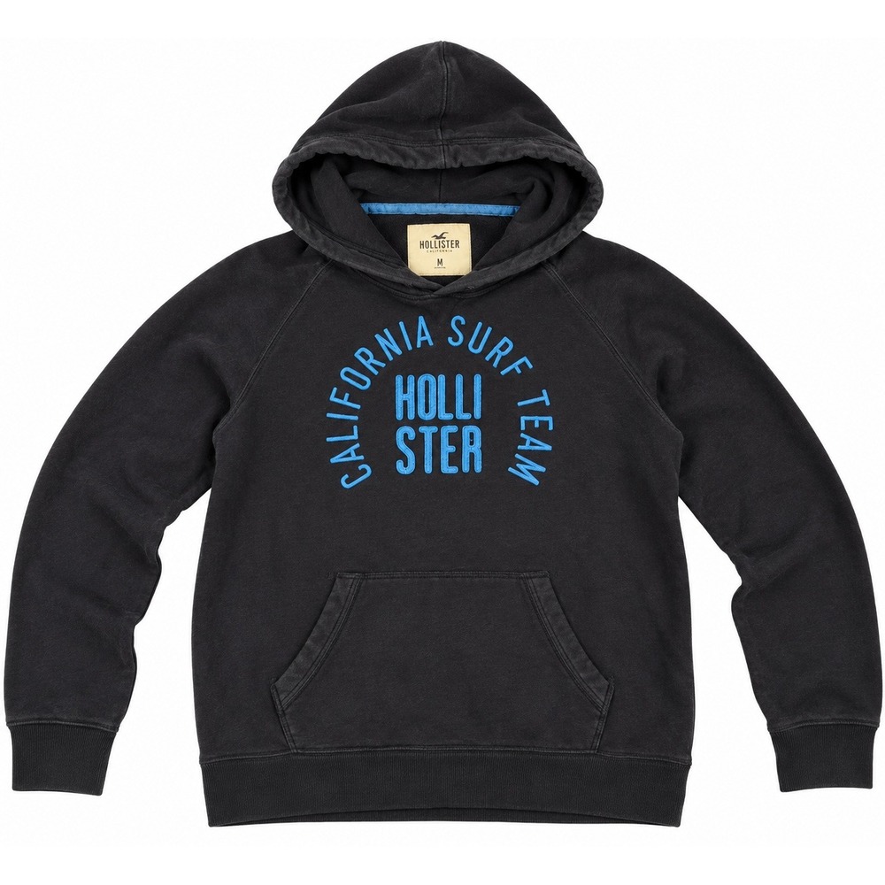 Hollister Y2K Hoodie Men's S Black Surf Team Graphic Fleece Pullover Streetwear